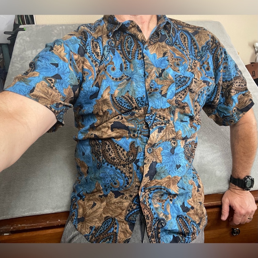 VTG 80s 90s Maxx FM Shirt Mens M Paisley Leaf Short Sleeve Button USA •Hole